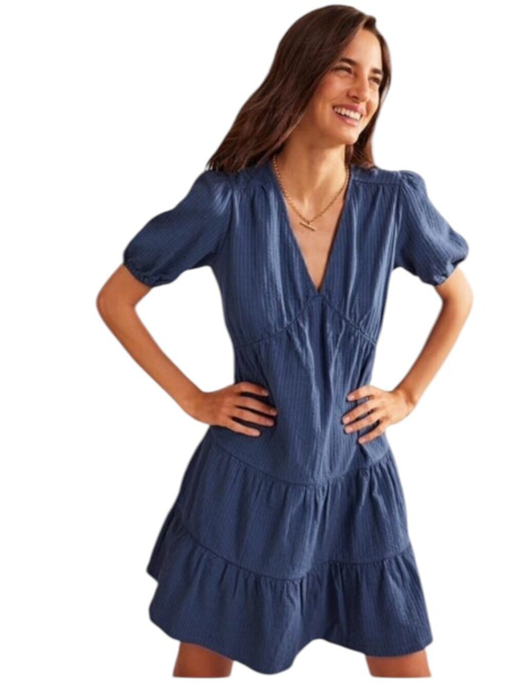Boden Jersey Seersucker Dress Navy Tiered Puff Sleeve Mini Size 6R